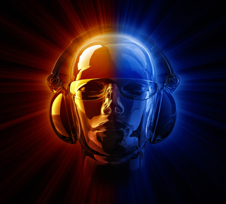 Surreal image of a man listening to music with headphones
