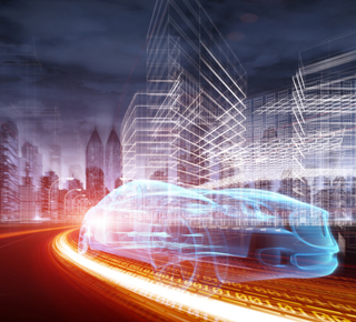 Dreamlike design of a car and skyscrapers
